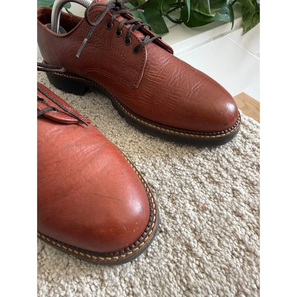 H.S. Trask Bison Leather Oxfords Men 9 W Cognac Lug Sole Derby VINTAGE 90s USA